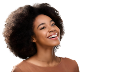 Portrait of happy African American woman smiling and looking up with afro hair, isolated on transparent background