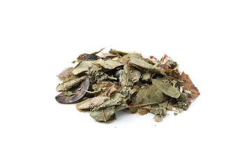 Dry herbal tea brew isolated on white