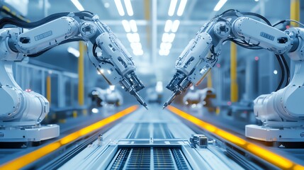 Dual robotic arms working together on high-speed production line
