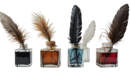blank four antique ink bottles with quill feathers artistic theme png