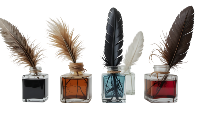blank four antique ink bottles with quill feathers artistic theme png