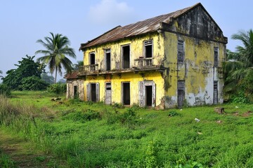 Fototapeta premium Armenviertel in Monrovia: Ein Blick auf die Ruinen und den Slum in der Hauptstadt Liberias an der AtlantikkÃ¼ste Westafrikas