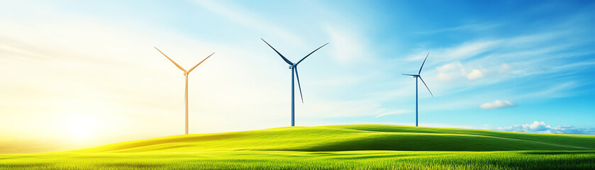 Fototapeta premium Wind turbines on a sunny hillside generating clean energy in vibrant green landscape.
