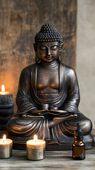 Fototapeta premium A bronze Buddha statue sits on an old wooden table, surrounded by two burning candles 