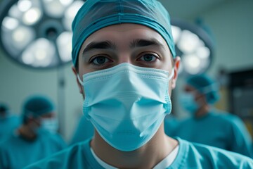 Confident Surgeon Wearing Mask in Operating Room Close Up Portrait