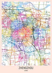 Zhengzhou China City Map, district banner, business modern landmark, neighborhood paint travel, hometown downtown design, destination landmark