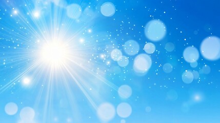Bright sunburst on vibrant blue sky with glowing bokeh circles and light rays. Natural summer background with sparkles and lens flares. Fresh morning dawn effect for banner design with copy space