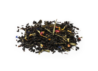 Pile of dry tea leaves isolated on white