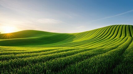 Lush green fields roll gently under a bright sky, capturing the beauty of nature and agriculture at sunrise.