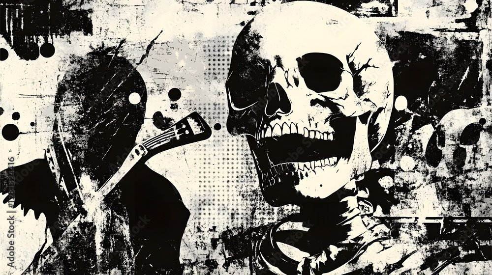 Poster Haunting Monochrome Skull Grunge Abstract Composition with Dark Shadowy Atmosphere