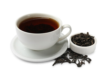 Aromatic tea and dried leaves isolated on white