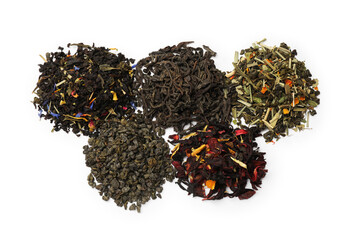Different types of tea brew isolated on white, top view