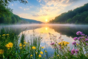 A tranquil sunrise over a misty lake, framed by vibrant wildflowers, creates a picturesque and serene natural landscape.