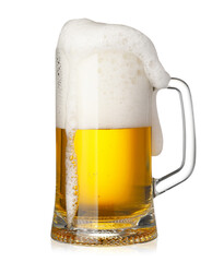Glass mug of fresh beer with foam isolated on white