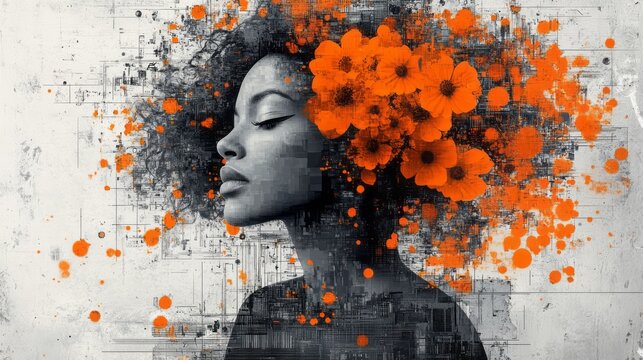 Woman portrait adorned with vibrant orange flowers against abstract background