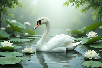 Obraz premium Serene White Swan Gracefully Swimming in a Misty Pond with Water Lilies