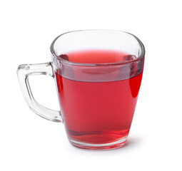 Delicious hibiscus tea in glass cup isolated on white