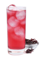Delicious hibiscus tea with ice in glass and dry roselle sepals isolated on white