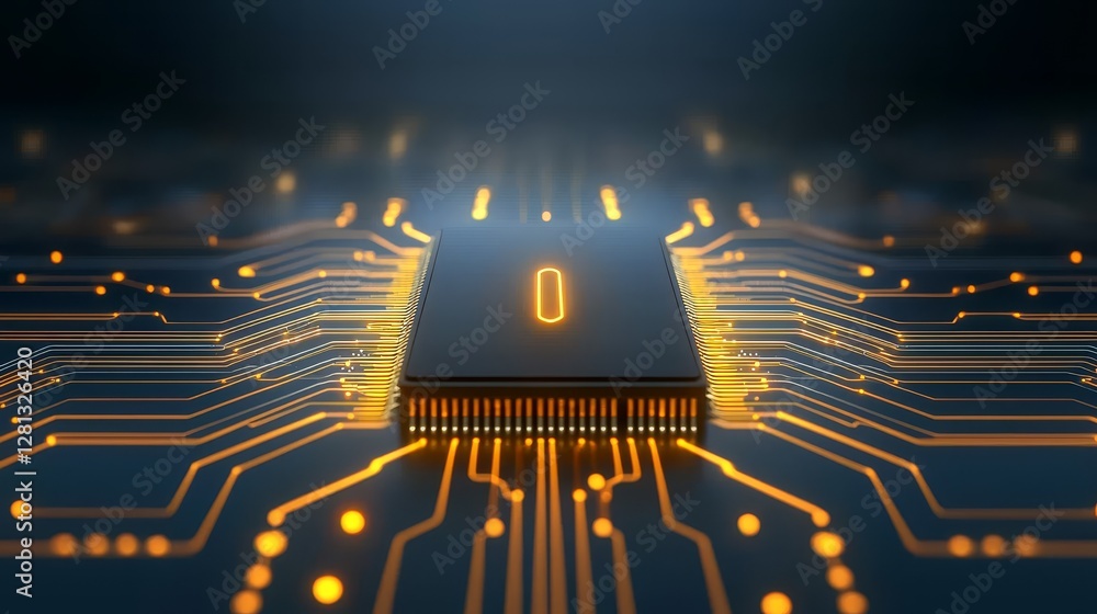 Aufkleber closeup of an illuminated computer chip on a circuit board, glimpse into modern technology