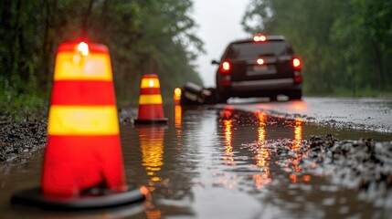 Accident Flooded Road Concept, Stranded Vehicle on Remote Road During Heavy Rain with Floodwaters and Warning Cones in Background