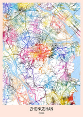 Zhongshan China City Map, district banner, business modern landmark, neighborhood paint travel, hometown downtown design, destination landmark