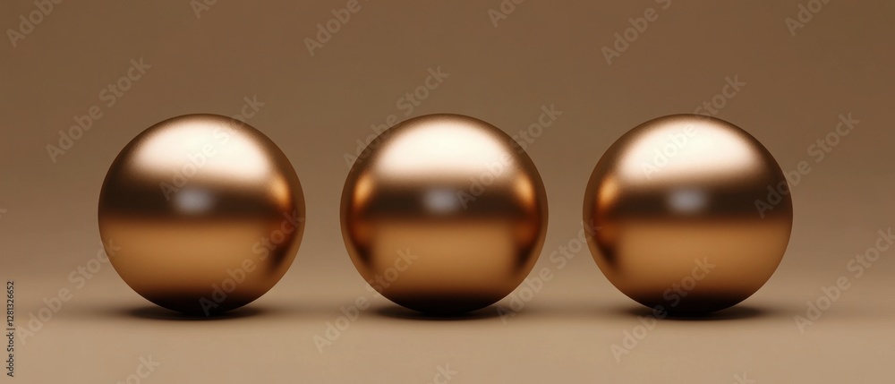 Poster three metallic golden spheres arranged in a row on a brown background with subtle lighting and refle