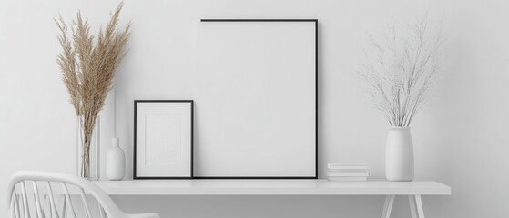 Minimalist home interior with blank frame mockup on white desk featuring pampas grass in vase and books for decoration a serene and bright aesthetic