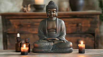 Fototapeta premium A bronze Buddha statue sits on an old wooden table, surrounded by two burning candles 