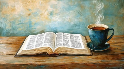 Open Book and Steaming Cup of Coffee on Wooden Table