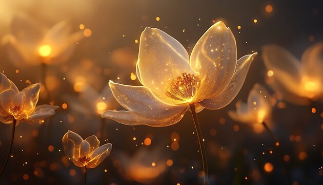 Glowing lotus flowers in soft focus with golden ethereal light