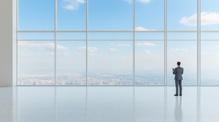 Fototapeta premium Modern Businessman with Smartphone in Stylish Suit Looking at Cityscape Through Window