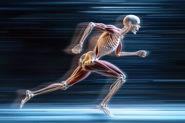Dynamic Human Skeleton Running Illustration Sports Science Concept High-Speed Action Realistic Render Digital Art