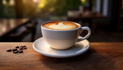 A ceramic coffee cup mockup on a wooden table, accompanied by a matching saucer, creating a warm and inviting setting for a morning coffee or tea break.
