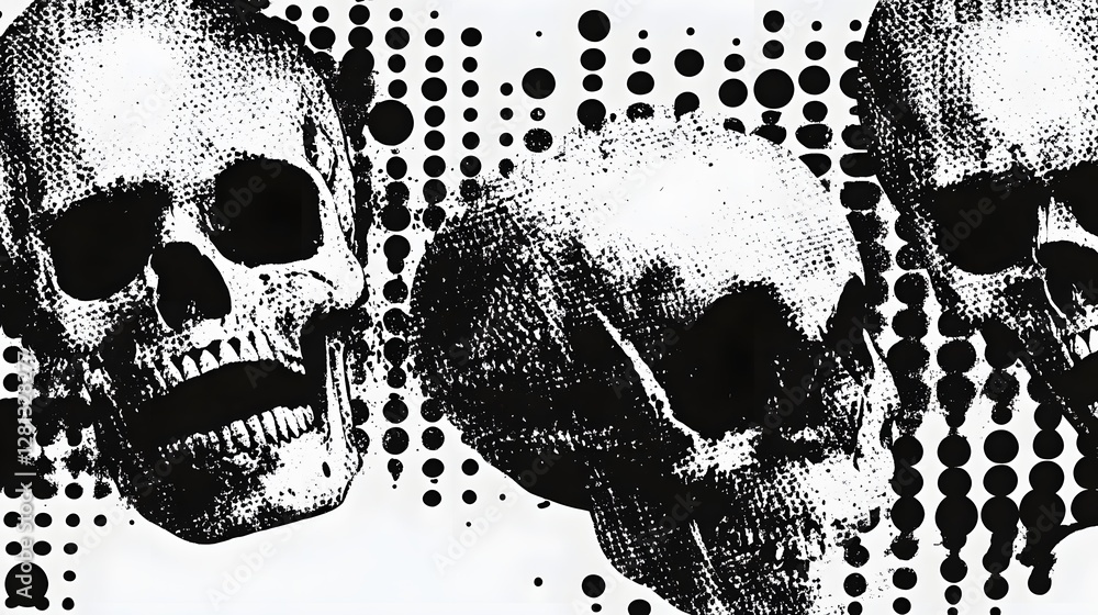 Aufkleber haunting monochrome skulls composition with grungy dots pattern background