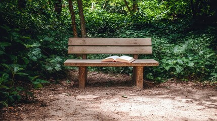 Serene Woodland Bench with Open Book Peaceful Reading Spot in Nature
