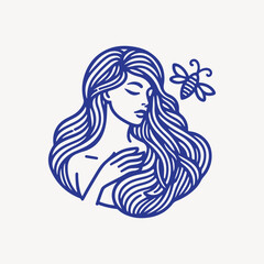 Natural beauty woman long hair vintage logo for salon or cosmetic product with line art style. Line art floral women logo design. creative vintage editable vector illustration.	 beautiful girl icon