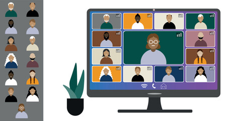 Video call conference, working from home. Colleagues of different nationalities and ages talk to each other on computer screen. Isolated illustration on white background in flat style trendy colors