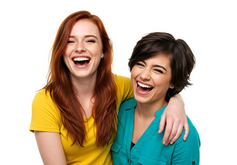 Two young women are having fun and friends are hugging each other, isolated