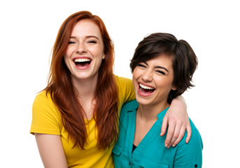 Two young women are having fun and friends are hugging each other, isolated