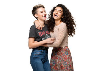 Two young women are having fun and friends are hugging each other, isolated