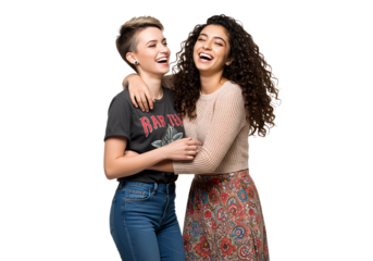 Two young women are having fun and friends are hugging each other, isolated