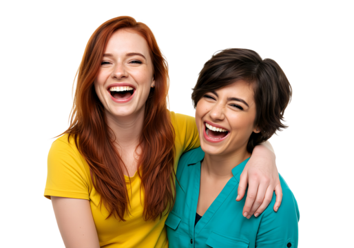 Two young women are having fun and friends are hugging each other, isolated