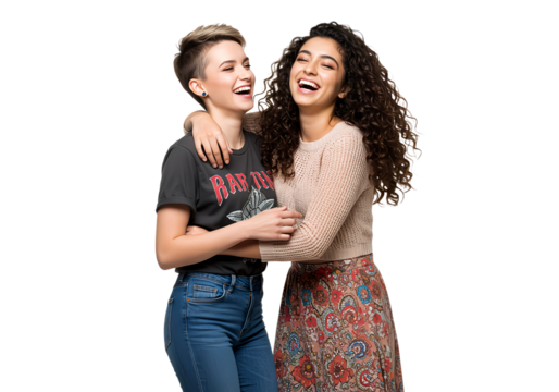 Two young women are having fun and friends are hugging each other, isolated