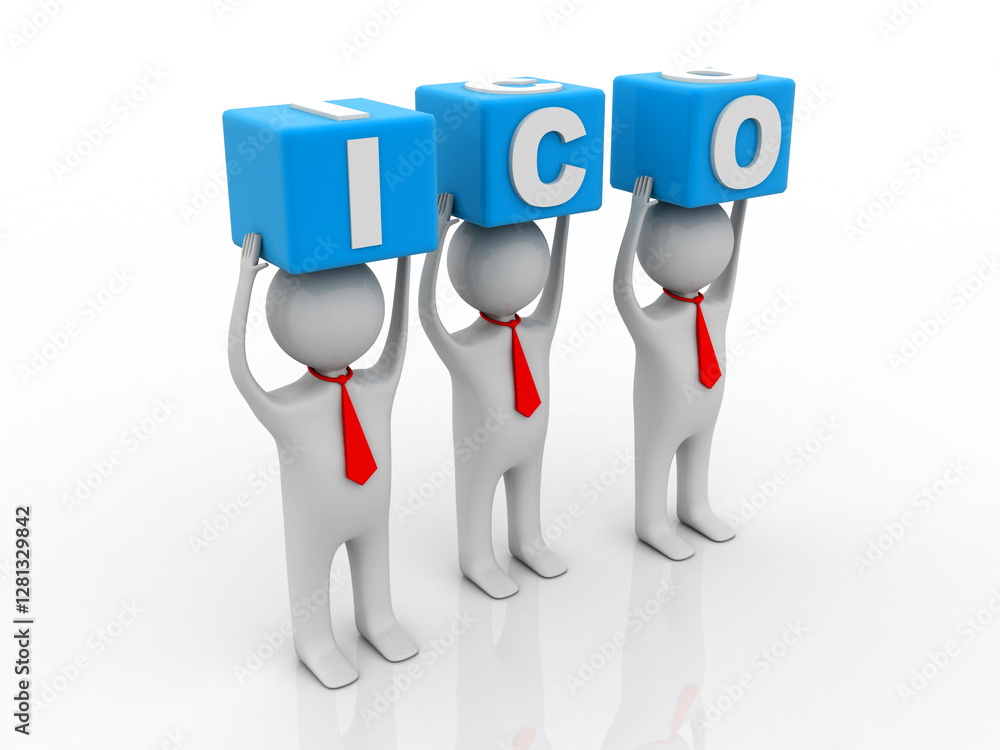 Poster 3d rendering initial coin offering with business team