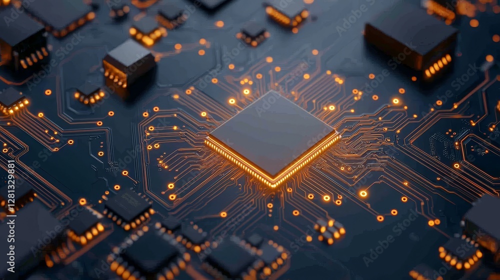 Poster intricate golden computer chip on a dark circuit board, closeup view of modern technology.