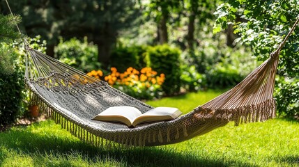 Serene Relaxation Open Book in a Hammock in a Sunny Garden