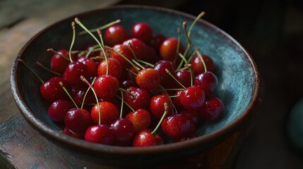 Fresh red cherries in rustic bowl.