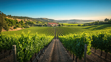 Naklejka premium picturesque vineyard with rows of grapevines leading to distant farmhouse under clear blue sky, surrounded by rolling hills and lush greenery