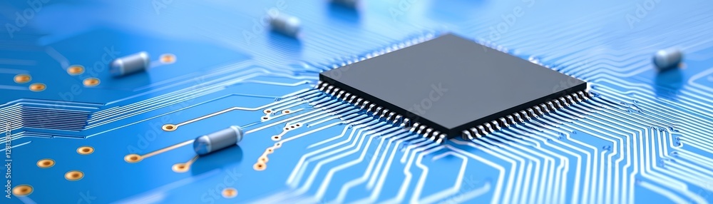 Aufkleber intricate electronic circuit with a powerful black processing chip, closeup examination of advanced 