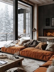 A Cozy Winter Scene Of Orange Sofas and Snow Covered Trees